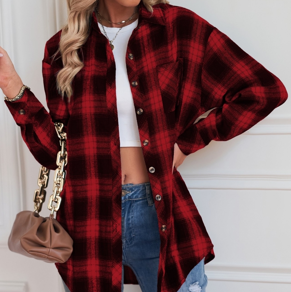 BACK IN STOCK!💥Red Plaid Curved Hem Longline Shirt